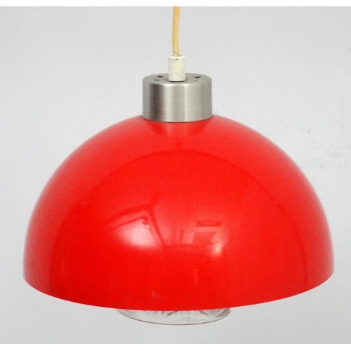 168 - Vintage Retro : a Scandinavian Pendant Hemispherical  lamp / light   of red plastic and moulded glas... 