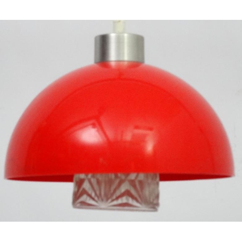 168 - Vintage Retro : a Scandinavian Pendant Hemispherical  lamp / light   of red plastic and moulded glas... 