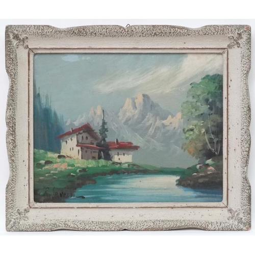 17 - R. Gavoldi XX c. 1950, Oil on board, Tyrolean house by river,  Signed lower left, 9 1/2 x 11 1/2''.