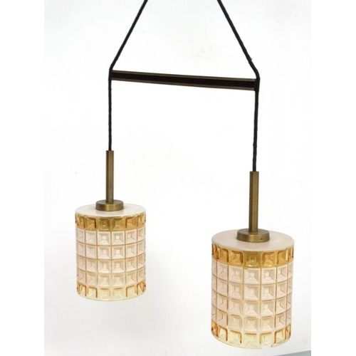 170 - Vintage Retro : a Pair of Scandinavian Pendant lamps / lights   With squared relief amber glass shad... 