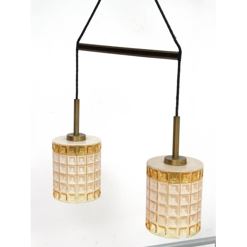 170 - Vintage Retro : a Pair of Scandinavian Pendant lamps / lights   With squared relief amber glass shad... 