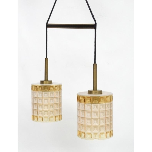 170 - Vintage Retro : a Pair of Scandinavian Pendant lamps / lights   With squared relief amber glass shad... 