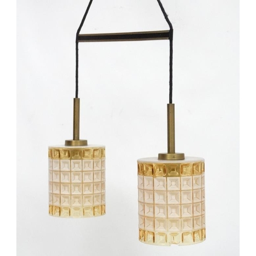 170 - Vintage Retro : a Pair of Scandinavian Pendant lamps / lights   With squared relief amber glass shad... 