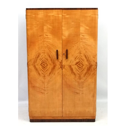 177 - Art Deco : Two Satinwood matching wardrobes ,  his and hers , both with quarter veneered decoration,... 