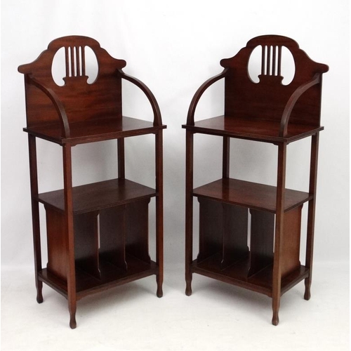 178 - Art Nouveau : A pair of mahogany 3 tier music stands 25 1/22 wide x 58 1/2'' high x 16 1/2'' deep