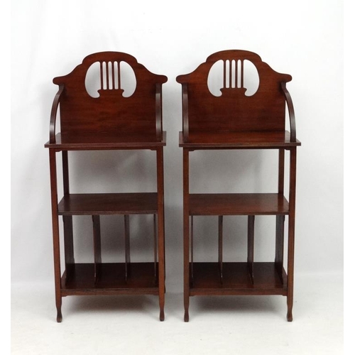 178 - Art Nouveau : A pair of mahogany 3 tier music stands 25 1/22 wide x 58 1/2'' high x 16 1/2'' deep