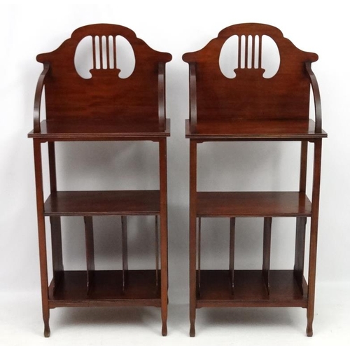 178 - Art Nouveau : A pair of mahogany 3 tier music stands 25 1/22 wide x 58 1/2'' high x 16 1/2'' deep