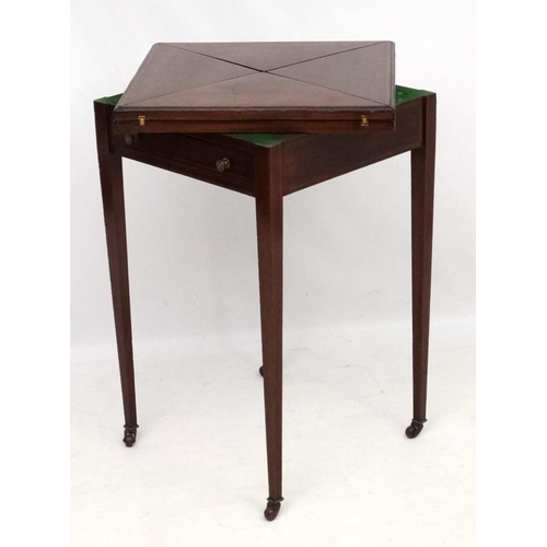 187 - A late 19thC mahogany card table with envelope folding top and cross banded detail 20'' x 20'' x 31 ... 