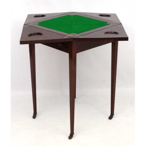 187 - A late 19thC mahogany card table with envelope folding top and cross banded detail 20'' x 20'' x 31 ... 