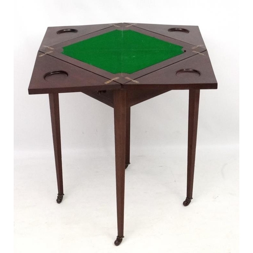 187 - A late 19thC mahogany card table with envelope folding top and cross banded detail 20'' x 20'' x 31 ... 