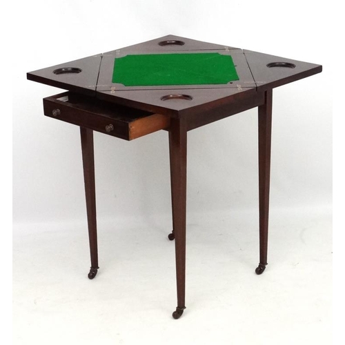 187 - A late 19thC mahogany card table with envelope folding top and cross banded detail 20'' x 20'' x 31 ... 