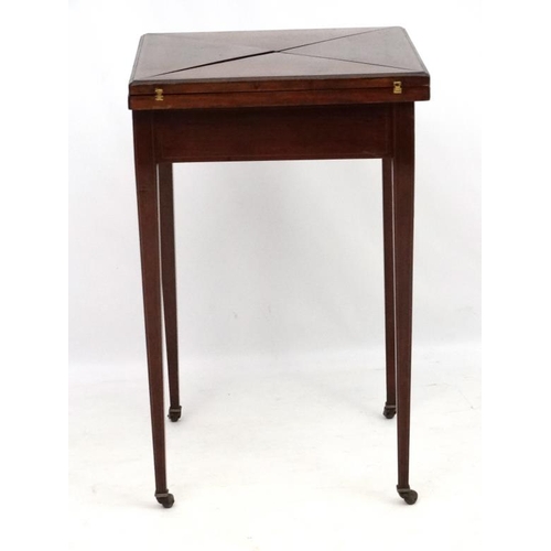 187 - A late 19thC mahogany card table with envelope folding top and cross banded detail 20'' x 20'' x 31 ... 