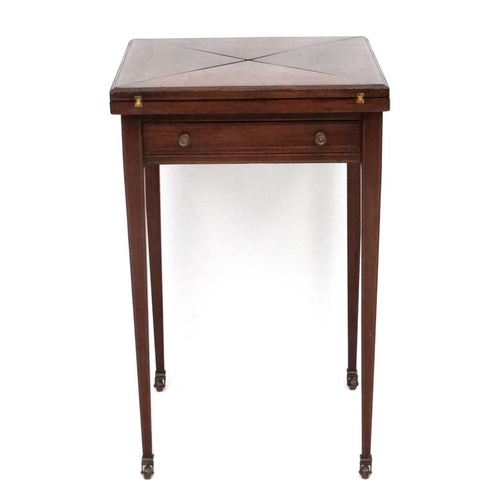 187 - A late 19thC mahogany card table with envelope folding top and cross banded detail 20'' x 20'' x 31 ... 