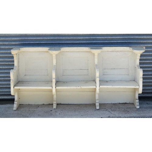 196 - Ornate 19 thC  pew : A white painted 19thC four shaped seat pine pew, 90'' side x 40'' high