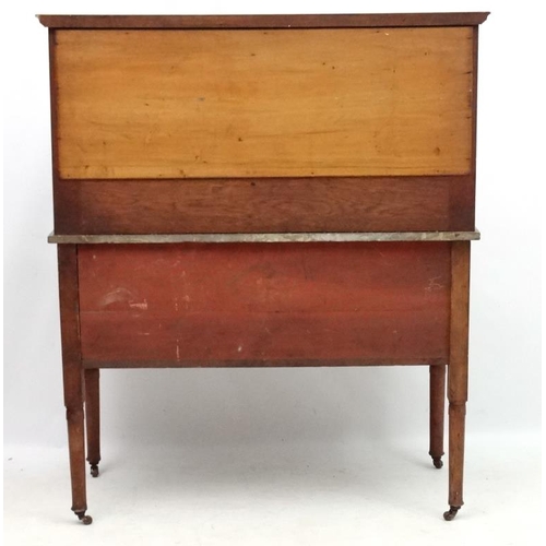 197 - A 19thC stained oak washstand with rouge marble top and tile back  42'' wide x 51'' high x 20 1/4'' ... 