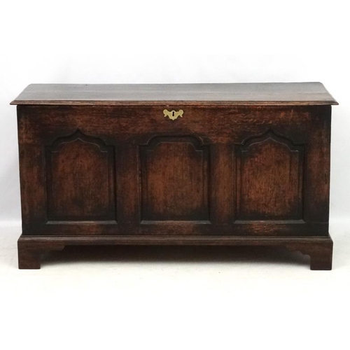 202 - An 18thC oak  three panel coffer with candle box 53'' wide  x 28 1/2 '' high x 19'' deep