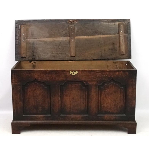 202 - An 18thC oak  three panel coffer with candle box 53'' wide  x 28 1/2 '' high x 19'' deep