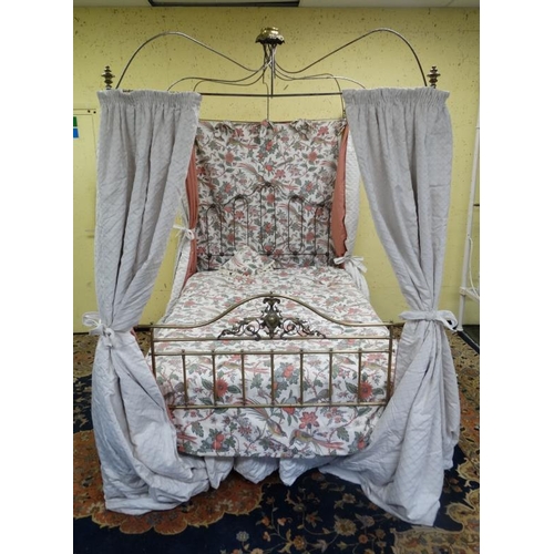 209 - A Victorian brass and steel four-poster bed with ornate crown like top. 55'' wide x  approx 96'' hig... 