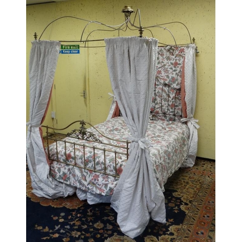 209 - A Victorian brass and steel four-poster bed with ornate crown like top. 55'' wide x  approx 96'' hig... 