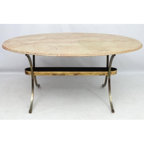 228 - A Mid Century  / Hollywood Regency brass and  faux marble oval table 61'' long x 36'' wide