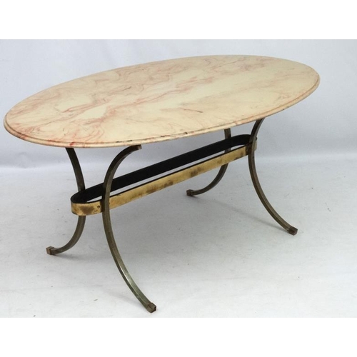 228 - A Mid Century  / Hollywood Regency brass and  faux marble oval table 61'' long x 36'' wide