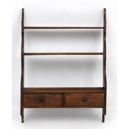 235 - A set of Edwardian stained oak open wall shelves with 2 drawers 28'' high x 20 3/4'' wide