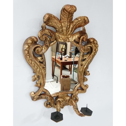 242 - A pair of 18 th / 19thC gilded carved wooden Italian Girandole mirrors each with twin branch candle ... 