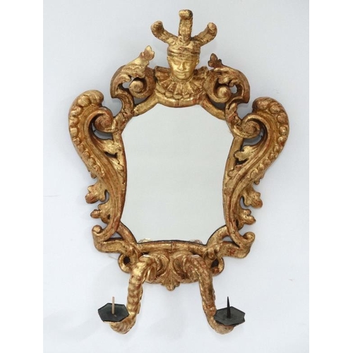 242 - A pair of 18 th / 19thC gilded carved wooden Italian Girandole mirrors each with twin branch candle ... 