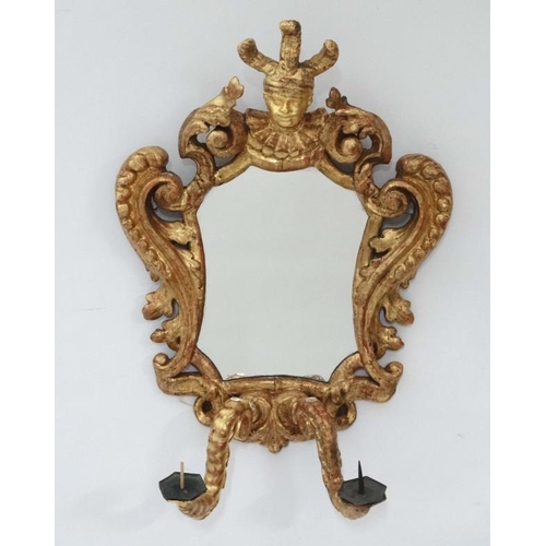 242 - A pair of 18 th / 19thC gilded carved wooden Italian Girandole mirrors each with twin branch candle ... 