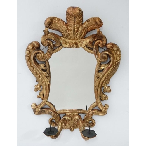 242 - A pair of 18 th / 19thC gilded carved wooden Italian Girandole mirrors each with twin branch candle ... 