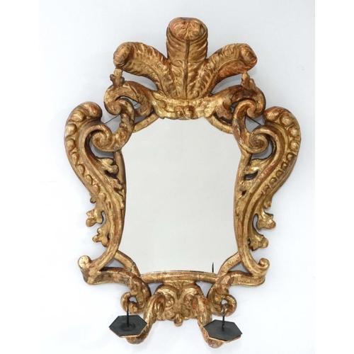 242 - A pair of 18 th / 19thC gilded carved wooden Italian Girandole mirrors each with twin branch candle ... 