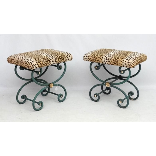 243 - Mid Century / Hollywood Regency : A pair of Egyptian Revival faux ocelot upholstered X frame stools ... 