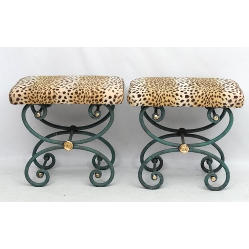 243 - Mid Century / Hollywood Regency : A pair of Egyptian Revival faux ocelot upholstered X frame stools ... 