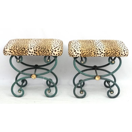 243 - Mid Century / Hollywood Regency : A pair of Egyptian Revival faux ocelot upholstered X frame stools ... 