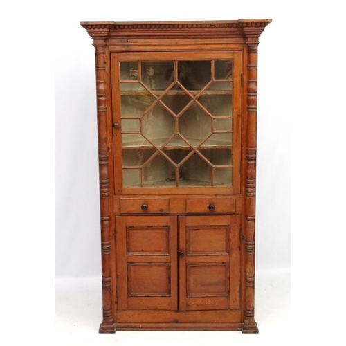 245 - A 19thC spruce pine glazed top corner cupboard with two cupboard doors and 2 faux drawers. 74 1/2'' ... 