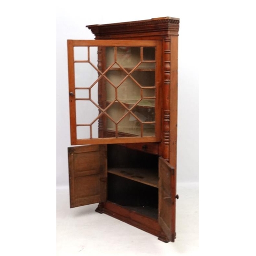 245 - A 19thC spruce pine glazed top corner cupboard with two cupboard doors and 2 faux drawers. 74 1/2'' ... 