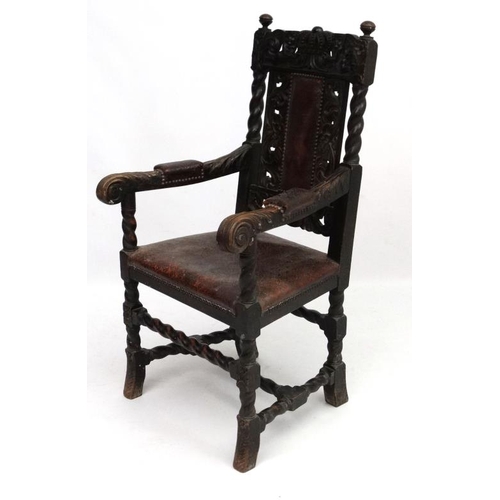 269 - A William and Mary Revival oak chair with embossed leather seat, pack splat and arm pads  leather an... 