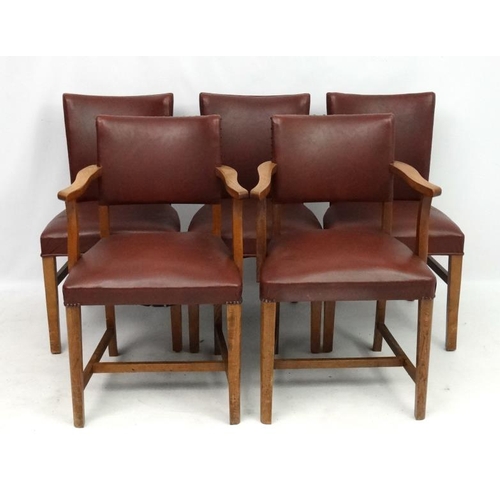 307 - A 1920's set of 5 (2+3) oak and faux leather overstuffed dining chairs 33 1/2'' high