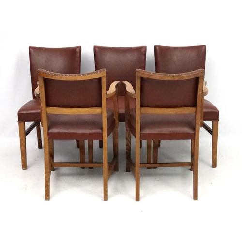 307 - A 1920's set of 5 (2+3) oak and faux leather overstuffed dining chairs 33 1/2'' high