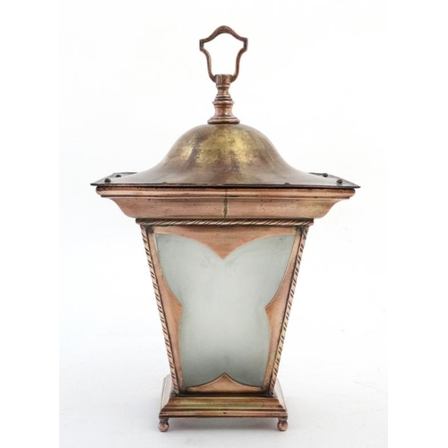 318 - Manner of WAS Benson , an Arts and Crafts coppered brass pendant hanging lantern , of tapered square... 