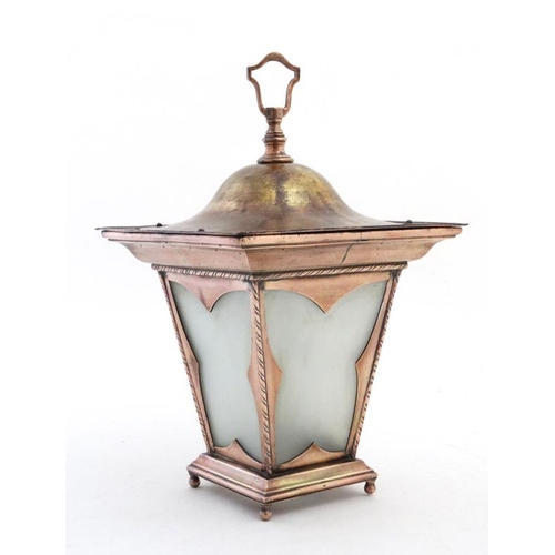 318 - Manner of WAS Benson , an Arts and Crafts coppered brass pendant hanging lantern , of tapered square... 