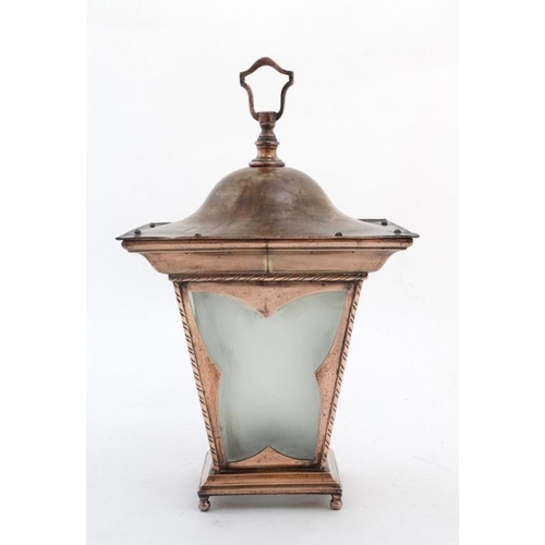 318 - Manner of WAS Benson , an Arts and Crafts coppered brass pendant hanging lantern , of tapered square... 