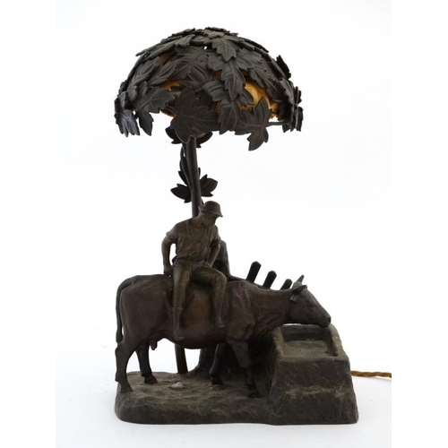 319 - An early 20 thc Cast bronze lamp in the form of an ox watering ( at underllit glass watertrough ) wi... 