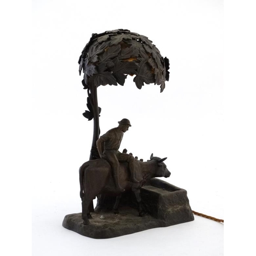 319 - An early 20 thc Cast bronze lamp in the form of an ox watering ( at underllit glass watertrough ) wi... 