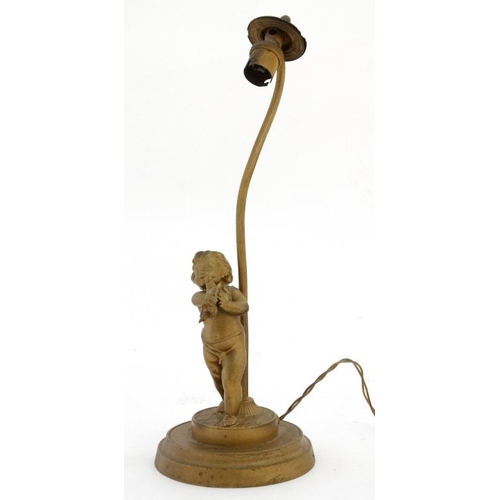 321 - An early 20 thC gilt spelter table lamp formed as a young figure with a bird on a circular socle 14 ... 