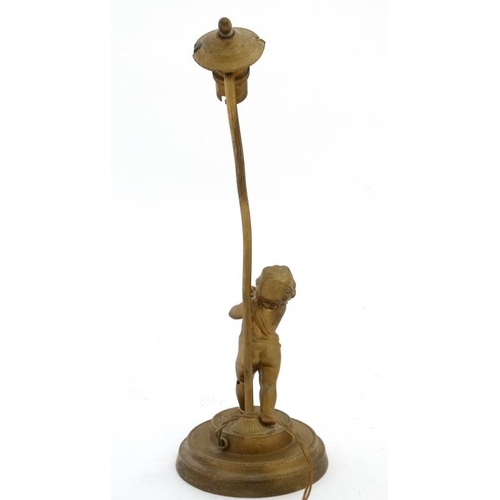 321 - An early 20 thC gilt spelter table lamp formed as a young figure with a bird on a circular socle 14 ... 