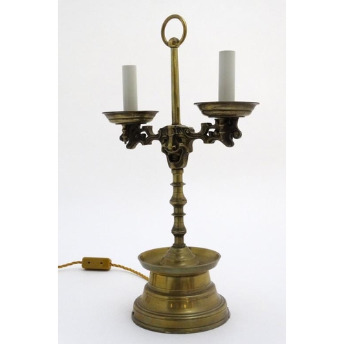 328 - Theatrical Bouillotte  lamp : an early 20thC Heemskerk style electric table lamp with two sided mask... 