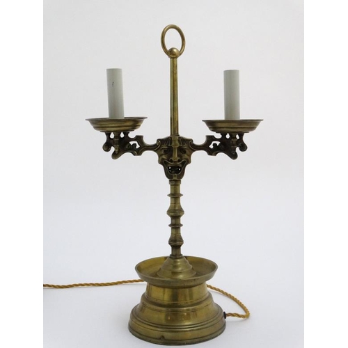 328 - Theatrical Bouillotte  lamp : an early 20thC Heemskerk style electric table lamp with two sided mask... 