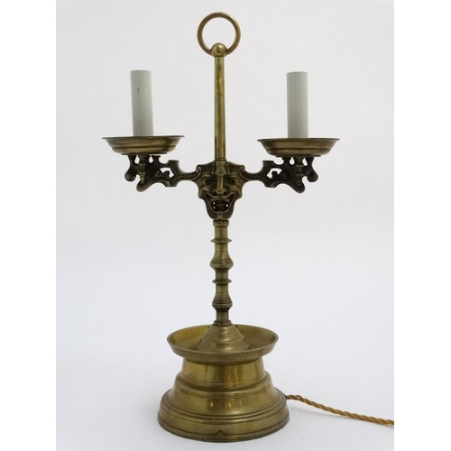 328 - Theatrical Bouillotte  lamp : an early 20thC Heemskerk style electric table lamp with two sided mask... 