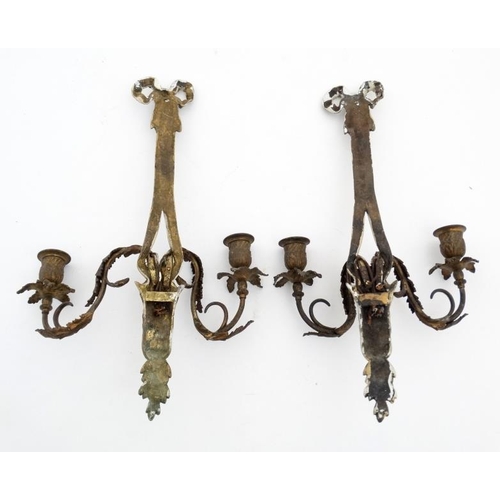 331 - Light : A  pair of early - mid 20thC gilt brass wall sconces , each with two arms , in the Neo- clas... 